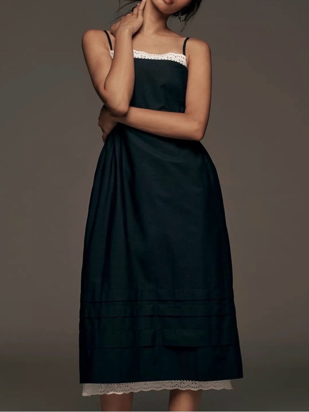 Anthropologie | Sleeveless Poplin Square Neck Midi Dress Black White Lace XS